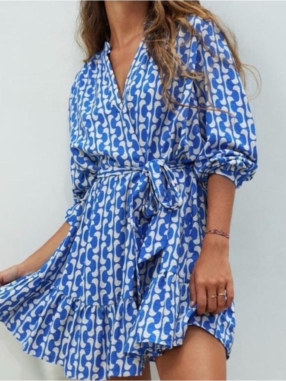 Zara Blue and White Asymmetrical Wrap Dress